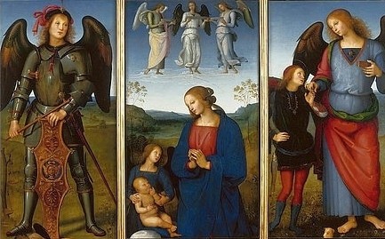 Perugino (Pietro Vanucci), Altartriptychon für Certosa di Pavia: Der Erzengel Michael, Maria mit Kind und Engeln und der Erzengel Raffael mit Tobias. Um 1496-1500 (London,National Gallery,Perugino (Pietro Vanucci),1445-1523,Öl,16. Jahrhundert,15. Jahrhundert,Renaissance,? Fine Art Images,Eitempera auf Holz,italienische,Pietro Perugino,Altar,Triptychon,Engel,Madonna,Jesuskind,Christuskind,Maria,Michael,Rüstung,Schild)