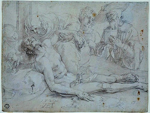 Albrecht Dürer, Beweinung Christi. 1522 (Dürer,Albrecht,1471-1528,16. Jahrhundert,Renaissance,Christliche Kunst,Neues Testament,deutsche,Kunsthalle Bremen,28195 Bremen,Kunsthalle Bremen - Der Kunstverein in Bremen. Kupferstichkabinett,Bräunliche Kreide,auf weißem,grundiertem Papier,Albrecht Düre)