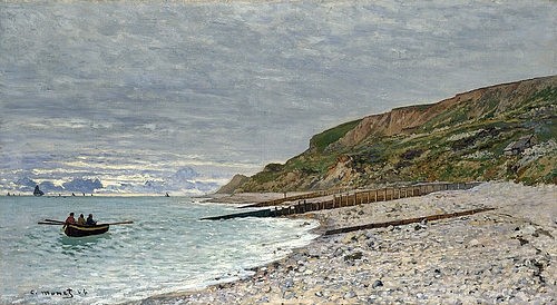 Claude Monet, La Pointe de la Hève, Sainte-Adresse. 1864 (London,National Gallery,Monet,Claude,1840-1926,Öl auf Leinwand,19. Jahrhundert,Impressionismus,Landschaft,französischer,Meer,Monet, Claude,Strand,Horizont,Meer,Küste,Frankreich,Boot,Ruderboot,Fischerboot,Kiesstrand,Kieselstrand,Felsen,Ruhe,Landschaft)