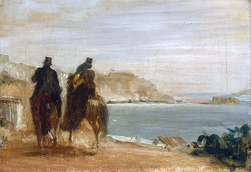 Edgar Degas, Ausritt am Meer. Um 1860 (London,National Gallery,Degas,Edgar,1834-1917,Öl auf Leinwand,Edgar Degas,Reiter,Pferde,reiten,Bucht von Neapel,Mann Frau schwarz gekleidet,Zylinder,Hügel,Hügelkette,Skizze,skizzenhaft Rückenansicht ausreiten)