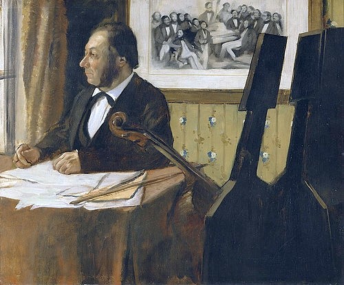 Edgar Degas, Louis-Marie Pilet, Cellist des Orchesters der Opera. 1868-69 (Degas,Edgar,1834-1917,Paris,Musée d'Orsay,Öl auf Leinwand,19. Jahrhundert,Portrait,Impressionismus,französischer,Degas, Edgar,Musiker,Louis-Marie Pilet,Cello,Cellist,Geigenstock,Musik,Musikinstrument,Notenblätter,Partitur)