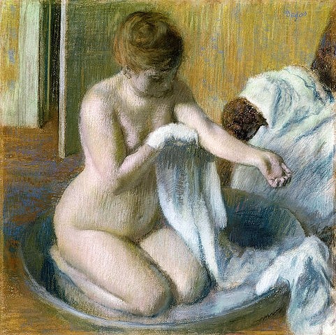 Edgar Degas, Frau im Badezuber. Um 1883 (Impressionismus,französischer,19. Jahrhundert,Privatbesitz,Pastell/Karton,1834-1917,Degas,Edgar,Edgar Degas,Frau,baden,sich waschen,Akt,nackt,Zuber,Handtuch,intim)