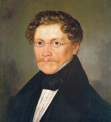 Carl Spitzweg, Selbstbildnis. Um 1842 (Spitzweg,Carl,1808-1885,Öl auf Leinwand,Schweinfurt,Sammlung Georg Schäfer,19. Jahrhundert,Portrait,Selbstportrait,Biedermeier,Spitzweg, Carl,maler,Künstler,Mann,Bart,Brille,Schnurrbart,Brustbild,deutsch)