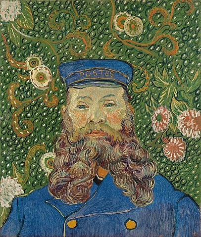 Vincent van Gogh, Porträt von Joseph Roulin. 1889 (New York,Museum of Modern Art,Gogh,Vincent van,1853-1890,Öl auf Leinwand,19. Jahrhundert,Portrait,Post-Impressionismus,Gogh, Vincent, van,Postangestellter Mann,frontal,Uniform,Blumenmuster,Postbote,Mütze,Vollbart,Bart,Portrait,Kopf,Brustbild)