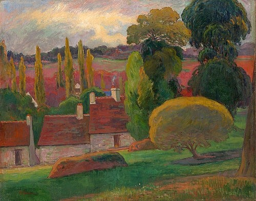 Paul Gauguin, Ein Bauernhaus in der Bretagne. Um 1894 (Post-Impressionismus,19. Jahrhundert,Öl auf Leinwand,New York,Metropolitan Museum,1848-1903,Gauguin,Paul,Paul Gauguin,bretonisch Bauernhof auf dem Land,ländlich,Landschaft ,Bäume,Gehöft Landwirtschaft warme Farben)