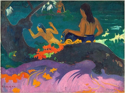 Paul Gauguin, Fatata te Miti (Am Meer). 1892. (Post-Impressionismus,19. Jahrhundert,© Copyright Artokoloro Quint Lox Limited,© Copyright Artokoloro Quint Lox Limited,Copyright Artokoloro,Öl auf Leinwand,1848-1903,Gauguin,Paul,Washington,National Gallery,farbenfroh,frauen,nackt,badende,baden)