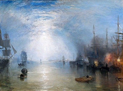 Joseph Mallord William Turner, Keelmen Heaving in Coals by Moonlight. 1835 (Öl auf Leinwand,Washington,National Gallery,19. Jahrhundert,Turner,Joseph Mallord William,1775-1851,Washington,DC,Joseph Mallord William Turner,Mondlicht Mondschein schiffe Schiff Kohle Boote brennen cargo Fracht Hafen Industrie Industrialisierung Kielboo)