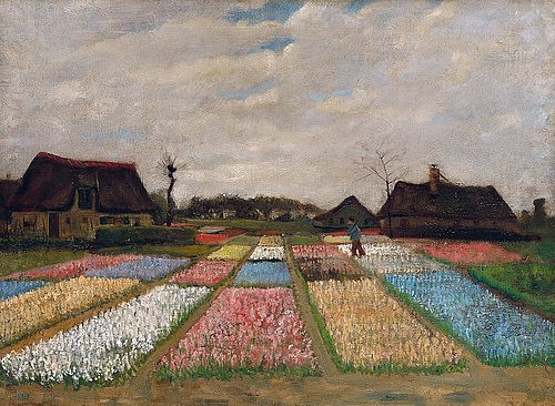 Vincent van Gogh, Blumenbeete in Holland. Um 1883 (Landschaft,Post-Impressionismus,Öl auf Leinwand,auf Holz,Washington,National Gallery,19. Jahrhundert,Gogh,Vincent van,1853-1890,Washington,DC,Vincent van Gogh,Bauernhaus Feld Blumenfeld auf dem Land, ländlich Tulpen Niederlande Blumenzucht Garten)