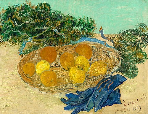 Vincent van Gogh, Stillleben mit Orangen, Zitronen und blauen Handschuhen. 1889 (Gogh,Vincent van,1853-1890,Washington,National Gallery,Öl auf Leinwand,19. Jahrhundert,Stillleben,Post-Impressionismus,Washington,DC,Vincent van Gogh,Orange,Zitrone,Handschuhe blau Obst Südfrüchte Korb gelb Zitrusfrüchte Weidenkorb)