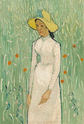 Vincent van Gogh, Mädchen in Weiß. 1890 (Öl auf Leinwand,Portrait,Post-Impressionismus,19. Jahrhundert,Gogh,Vincent van,1853-1890,Washington,National Gallery,Washington,DC,Vincent van Gogh,Mädchen,jung weiß weißes Kleid Hut stehen Wiese Mohn Mohnblumen schlank Blumen)