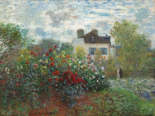 Claude Monet, Der Garten des Künstlers in Argenteuil (Eine Ecke des Gartens mit Dahlien). 1873 (Monet,Claude,1840-1926,Washington,National Gallery,Öl auf Leinwand,19. Jahrhundert,Impressionismus,französischer,Washington,DC,Claude Monet,Gartenecke blühen Blumen Argenteuil Dahlie Dahlien Büsche Haus Künstlerhaus Blumengarten)