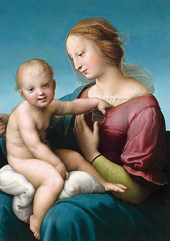 Raffael (Raffaello Sanzio), Die Niccolini-Cowper Madonna. 1508 (Washington,National Gallery,Raffael (Raffaello Sanzio),1483-1520,Öl auf Holz,16. Jahrhundert,Renaissance,italienische,Washington,DC,Raffael,Niccolini Cowper Madonna,Maria,Kind,Jungfrau,Jesuskind,Jesus Christus,Mutter und Kind,auf dem Schoß,Hochrenaissance)