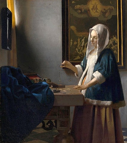 Jan Vermeer van Delft, Frau mit Waage. Um 1664 (Washington,National Gallery,Öl auf Leinwand,Vermeer van Delft,Jan,1632-1675,17. Jahrhundert,Washington,DC,Johannes Vermeer,Perlenwägerin,Stille,Allegorie wiegen abwiegen, Waage Gold Perlen Münzen schwanger,Jüngstes Gericht Frau)