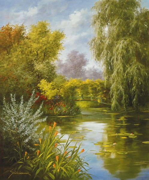 Heinz Schölnhammer, DREAMY CREEK I (Landschaft,  Fluss, Weide, Trauerweide, Bäume, Stille, verträumt, Einsamkeit, Realismus, Wunschgröße, Wohnzimmer, Treppenhaus, Malerei, bunt)