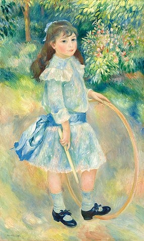 Pierre-Auguste Renoir, Mädchen mit einem Reifen. 1885 (Mädchen, Kind, Reifen, Garten, Gymnastik, Sonntagskleid, Schleife, Impressionismus, klassische Moderne, Wunschgröße, Wohnzimmer, Malerei)