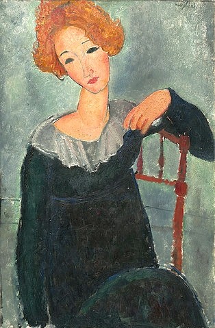 Amadeo Modigliani, Rothaarige Frau. 1917 (Portrait,Washington,DC,20. Jahrhundert,Öl auf Leinwand,1884-1920,Modigliani,Amadeo,Washington,National Gallery,Amedeo Modigliani,rothaarig,rote Haare,Frau sitzen,nachdenklich,Kragen,schwarzes Kleid melancholisch)