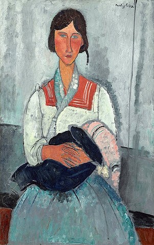 Amadeo Modigliani, Zigeunerin mit Baby. 1919 (Washington,National Gallery,Modigliani,Amadeo,1884-1920,Öl auf Leinwand,20. Jahrhundert,Washington,DC,Amedeo Modigliani,dunkelhaarig,Frau sitzen,nachdenklich,Kragen,Tracht,Mutter,Kind,Baby Zigeunerin)