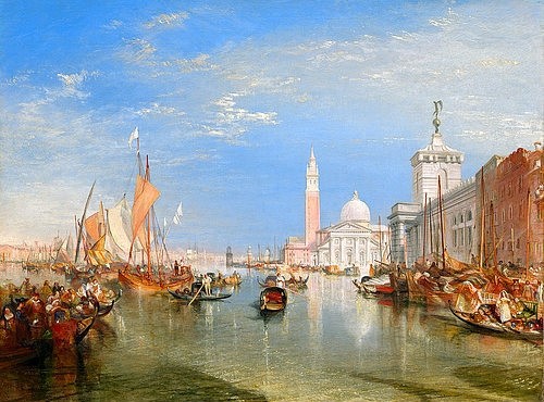 Joseph Mallord William Turner, Venedig: Dogana und San Giorgio Maggiore. 1834 (Stadtansicht,Italien,Washington,DC,19. Jahrhundert,Öl auf Leinwand,1775-1851,Turner,Joseph Mallord William,Washington,National Gallery,Joseph Mallord William Turner,Venedig,Kanal,Campanile,Gondel,Gondeln,sonnig,malerisch)