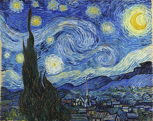 Vincent van Gogh, Sternennacht. 1889 (New York,Museum of Modern Art,Gogh,Vincent van,1853-1890,Öl auf Leinwand,Mond,Stern,Nacht,Mondsichel,Dorf,Zypresse,blau,Gogh,Vincent van Gogh,19. Jahrhundert,19. Jh.,Himmel,Stimmung)
