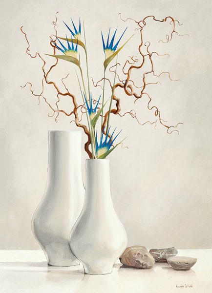 Karin v.d. Valk, WEIDENZWEIGE MIT BLAUEN BLUMEN (Stillleben, Blumenvasen, Zweige, Weidenzweige, Kieselsteine, glatt, kühl, modern, Wunschgröße, Malerei, Wohnzimmer,Esszimmer,  weiß/blau)