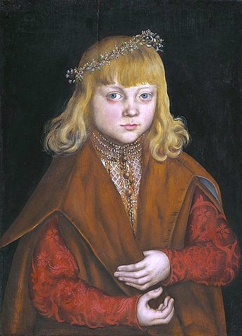 LUCAS CRANACH Der Ältere, Ein sächsischer Prinz. Um 1517 (siehe auch Bildnummer 62558) (ÜPortrait, Kind, Junge, Knabe, blond, langes Haar, modisch, Adel, Prinz, Klassiker, Renaissance, Wohnzimmer)