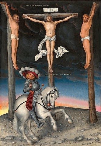 LUCAS CRANACH Der Ältere, Kreuzigung mit dem gläubigen Hauptmann. 1536 (Kreuzigung, drei Kreuze, Jesus Christus, Passion, Golgatha, Kalvarienberg, Reiter, Pferd, Schimmel, dunkle Wolken,  Religiös, Neues Testament, Christlich, Klassiker, Renaissance, Wohnzimmer)