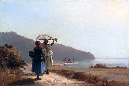 Camille Pissarro, Unterhaltung, St. Thomas. 1856 (Washington,National Gallery,Pissarro,Camille,1830-1903,Öl auf Leinwand,19. Jahrhundert,Washington,DC,Pissarro, Camille,Frauen,Frau,unterhalten, plaudern, Küste,auf dem Kopf tragen, Last,Kopftuch,Hausfrauen,Meer,Licht)
