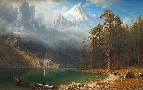 Albert Bierstadt, Mount Corcoran. Um 1876-77 (Washington,National Gallery,Bierstadt,Albert,1830-1902,Öl auf Leinwand,19. Jahrhundert,Landschaft,Berge,Washington,DC,Albert Bierstadt,USA,Amerika,Bär,Braunbär,Wildnis,Natur,See Berge Berg Berggipfel,schneebedeckt,Wolken)