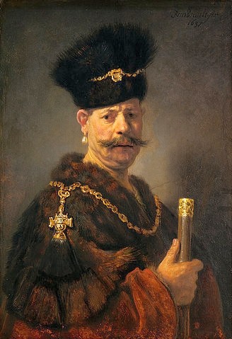 Rembrandt van Rijn, Ein polnischer Edelmann. 1637 (Barock,niederländisch,Washington,DC,Portrait,17. Jahrhundert,Öl auf Holz,Washington,National Gallery,1606-1669,Rembrandt van Rijn,Rembrandt van Rijn,Niederlande niederländisch,Barock Pelz Goldkette Kette Kopfbedeckung Brustbild Mann,Schnurrbart Ohrring Pe)