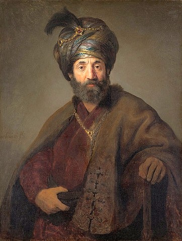 Rembrandt van Rijn, Mann in orientalischem Kostüm. Um 1635 (Barock,niederländisch,Öl auf Leinen,(wohl Govaert Flinck),Washington,DC,und Werkstatt,Portrait,17. Jahrhundert,Washington,National Gallery,1606-1669,Rembrandt van Rijn,Rembrandt van Rijn Werkstatt Govaert Flinck,Mann,Orient orientalisch Turban Brustbild,B)