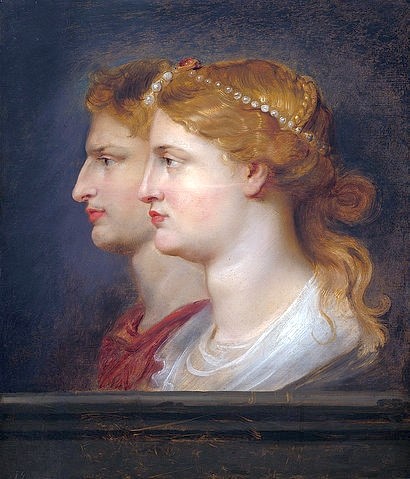 Peter Paul Rubens, Agrippina und Germanicus. Um 1614 (Antike, Römisches Reich, Historische Personen, Büsten,  Doppelbildnis, Mann, Frau,  Paar, Profil, Barock, Klassiker, Malerei,  Treppenhaus, Wohnzimmer, Wunschgröße, bunt)