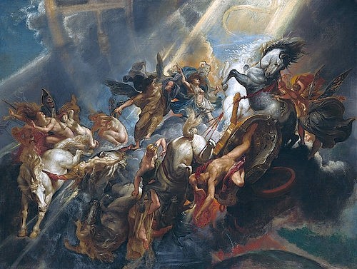 Peter Paul Rubens, Der Sturz des Phaethon. Um 1604/05, wohl um 1606/08 überarbeitet (Fall, Sturz, Phaethon, Zerstörung, Chaos, Sonnenwagen, Pferde, Hochmut, Überheblichkeit, Ovid Metamorphosen, Wagen, Drama,  Barock, Klassiker, Malerei,  Treppenhaus, Wohnzimmer, Wunschgröße, bunt)