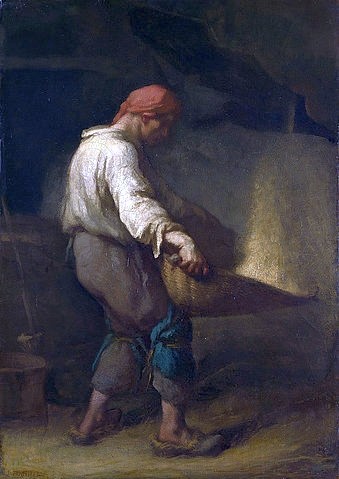 Jean-François Millet, Der Kornschwinger. Um 1847-48 (Bauerngenre, Landarbeit, Knecht, mühsam, anstrengend, Spreu von Weizen trennen, sieben, Realismus, Malerei, Wohnzimmer, Klassiker, Wunschgröße, bunt)