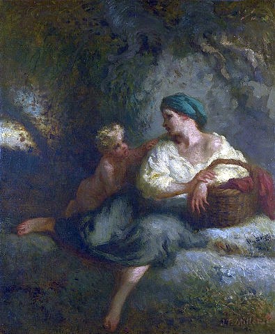 Jean-François Millet, Das Flüstern. Um 1846 (London,National Gallery,Millet,Jean-François,1814-1875,Öl auf Leinwand,19. Jahrhundert,Jean-François Millet,manière fleurie,Bäuerin,Frau,Kind,Poesie,Ernte,Magd,Kopftuch,Korb,Sommer,Geflüster,Wispern)