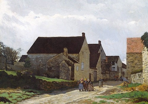 Alfred Sisley, Frauen auf dem Weg zum Wald / Rue de Marlotte (Femmes allant au bois / Rue de Marlotte). 1866 (Sisley,Alfred,1839-1899,Tokyo,Bridgestone Museum of Art,Öl auf Leinwand,19. Jahrhundert,Impressionismus,französischer,Alfred Sisley,Bauernhaus,Dorf,Dorfbewohner,Dorfleben,Frauen,französisch,Dorfstraße,Straße,Landleben,Bäuerinnen)