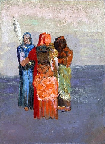 Odilon Redon, Drei Schicksale. 1900 (Wunschgröße, klassische Moderne, Symbolismus, Figurativ, Frauen, Spindel, Schicksal,  Treppenhaus, Wohnzimmer, Malerei, bunt)
