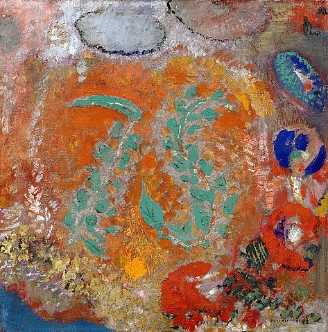 Odilon Redon, Komposition: Blumen ohne Vase. Um 1905 (Wunschgröße, klassische Moderne, Symbolismus, Blumen, Blüten, floral, Treppenhaus, Wohnzimmer, Malerei, bunt)