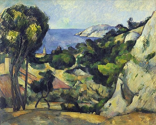 Paul Cézanne, L'Estaque. 1879-83 (Post-Impressionismus,? Fine Art Images,Landschaft,19. Jahrhundert,Öl auf Leinwand,1839-1906,Cézanne,Paul,New York,Museum of Modern Art,Paul Cezanne,Bucht,Frankreich,Küste,Felsen,am Meer)