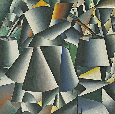 Kasimir Malewitsch, Frau mit Eimern. Dynamische Anordnung. 1912-13 (New York,Museum of Modern Art,Malewitsch,Kasimir,1878-1935,Öl auf Leinwand,20. Jahrhundert,Kasimir Malewitsch,Wassereimer,Eimer,tragen,bäuerlich,Bäuerin,Kubismus,kubistisch)