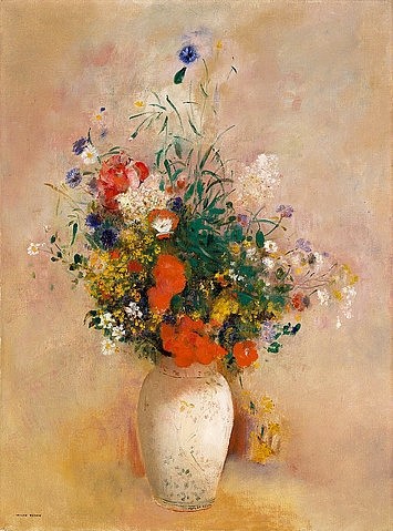 Odilon Redon, Vase mit Blumen (rosenfarbener Hintergrund). Um 1906 (Postimpressionismus, Stillleben, Blumenvase, Blüten, Blumen, Sommerblumen, Wiesenblumen, Mohn, floral, klassische Moderne, Malerei, Wohnzimmer, Esszimmer, Treppenhaus, Wunschgröße, bunt)
