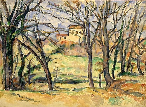 Paul Cézanne, Bäume und Häuser, Jas de Bouffan. 1885-86 (Landschaft, Häuser, Bäume, Äste, Natur, Frankreich, Klassiker, Impressionismus, Wunschgröße, Wohnzimmer)