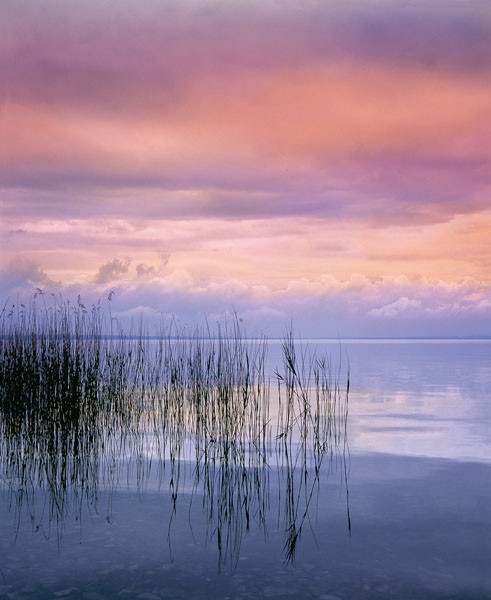 Gerd Weissing, ABENDSONNE I (Landschaft, Dämmerung, Sonnenuntergang, Dunst, Stille, Himmel, See, Idylle, Wohnzimmer, Treppenhaus, Fotokunst, Wunschgröße, rosa/violett)