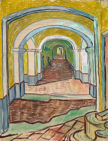 Vincent van Gogh, Korridor in der Heilanstalt. 1889 (Interieur,schwarze Kreide auf rosa Inges-Papier,19. Jahrhundert,Öl,New York,Metropolitan Museum,1853-1890,Gogh,Vincent van,Vincent van Gogh,Essenz,Nervenheilanstalt,Flur,Raumflucht,Durchblick,Bogen,Korridor Perspektive)