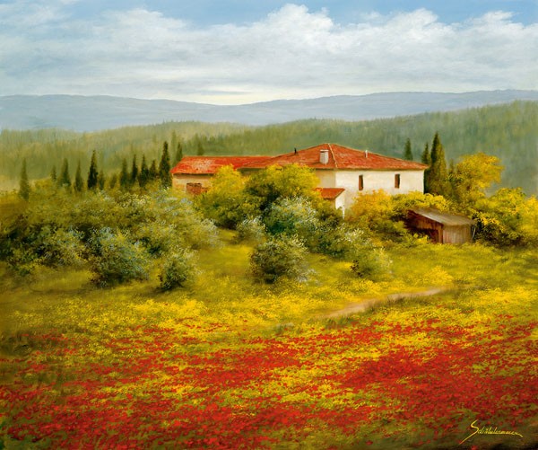 Heinz Schölnhammer, LANDSCHAFT MIT MOHN II (Landschaft, Toskana, Italien, Mohnblüte, Zypressen, Hügel, Realismus, Wunschgröße, Wohnzimmer, Treppenhaus, Malerei, bunt)