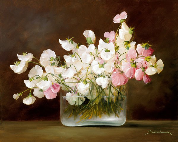 Heinz Schölnhammer, SOMMERGRÜßE II (Stillleben, Blumen, Blüten, Sommerblumen, Blumenvase, Realismus, Wunschgröße, Esszimmer, Wohnzimmer, Treppenhaus, Malerei, bunt)