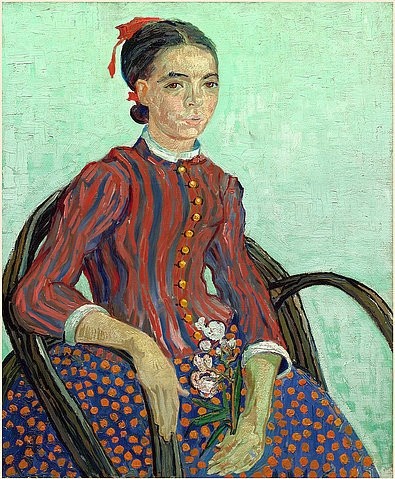 Vincent van Gogh, La Mousmé. 1888 (Gogh,Vincent van,1853-1890,Washington,National Gallery,Öl auf Leinwand,19. Jahrhundert,Post-Impressionismus,© Copyright Artokoloro Quint Lox Limited,© Copyright Artokoloro Quint Lox Limited,Copyright Artokoloro,junge frau,mädchen,porträt,stuhl,sitzend,blu)
