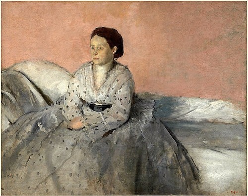 Edgar Degas, Madame René de Gas. 1872/1873. (Degas,Edgar,1834-1917,Washington,National Gallery,Öl auf Leinwand,19. Jahrhundert,Impressionismus,französischer,frau,porträt,sitzend,nachdenklich,kleid,chaiselongue)