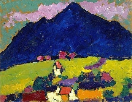 Alexej von Jawlensky, Murnau. 1910. (Jawlensky,Alexej von,1864-1941,Washington,National Gallery,20. Jahrhundert,Expressionismus,Öl auf Hartfaserplatte,Der Blaue Reiter,bayern,landschaft,ländlich,idylle,berg,gebirge,dorf,oberbayern,blau,felder,häuser)