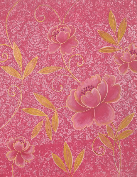 Design Show, ILLUSION I (Grafik, Blumen, Blüten, Ornamente, Tapetenmuster, üppig, edel, Wunschgröße, Wohnzimmer, Treppenhaus, rot/gold)