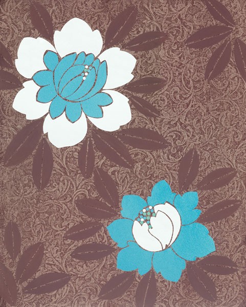 Design Show, WONDERLAND I (Retro, Vintage, Grafik, Blumen, Blüten, Tapetenmuster, dekorativ, Sechziger Jahre, Wunschgröße, Wohnzimmer, Treppenhaus, braun/hellblau)